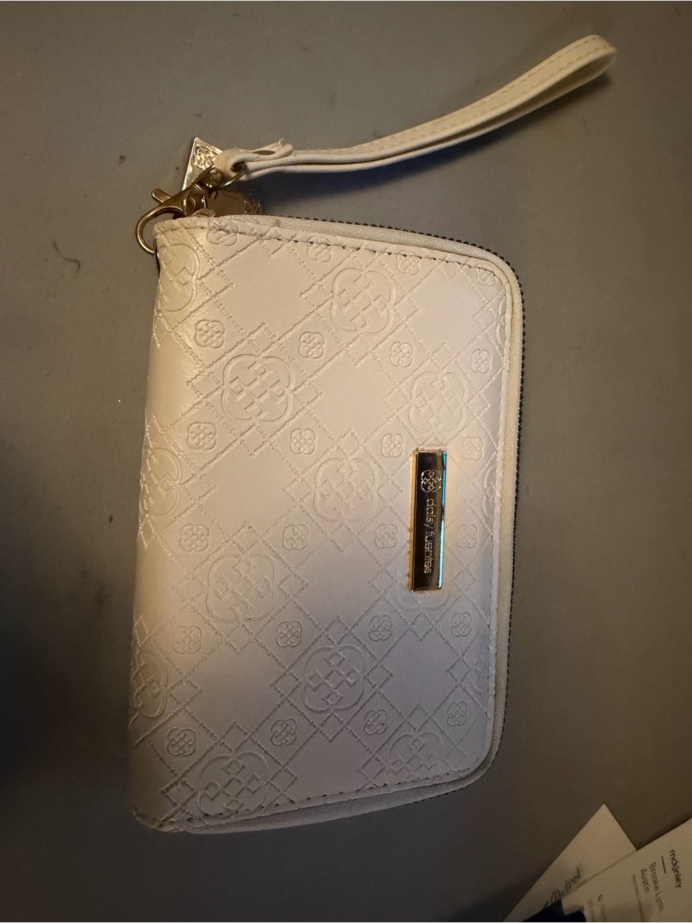 Daisy Fuentes Cream Embossed Zip Wristlet Wallet with Gold Hardware